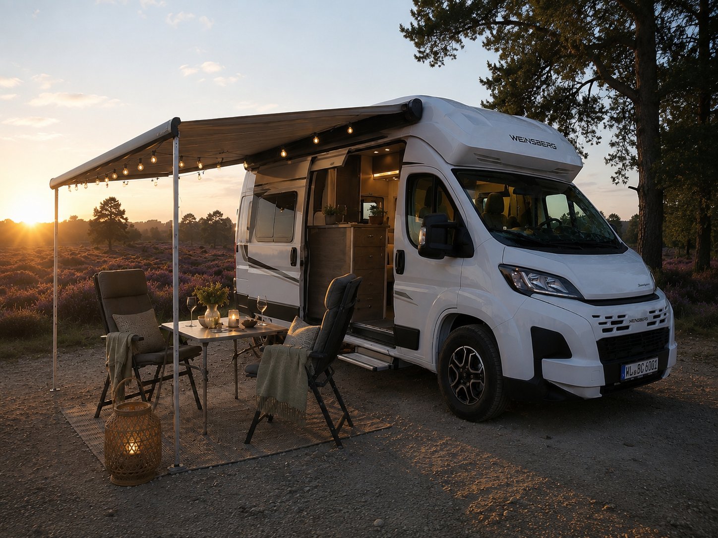 Basti's Camper – Weinsberg Reisemobil in der Lüneburger Heide bei Sonnenuntergang